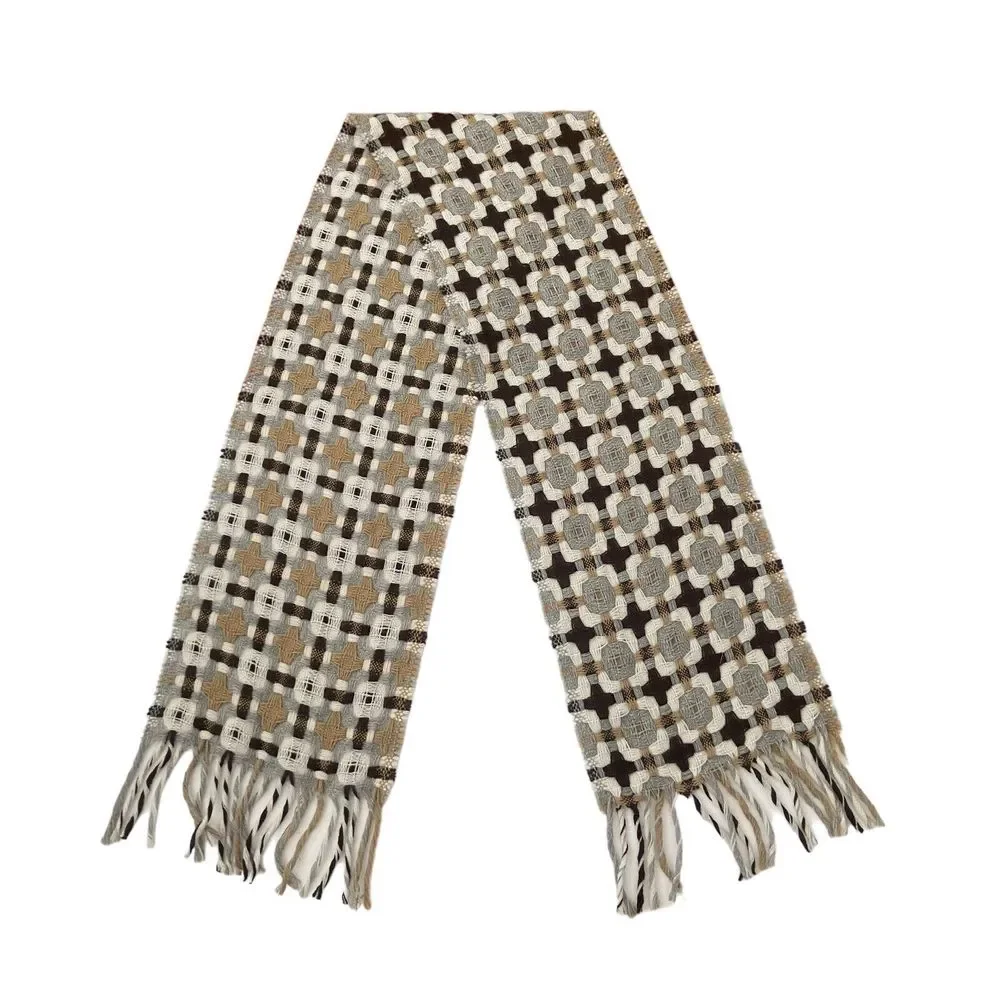 Women's Scarf Shawl Wrap 30% Wool Made in Italy Woven Brown Grey Fringe 68 x 10